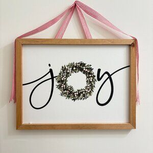 Joy Wood Frame Wall Art Red White Ribbon